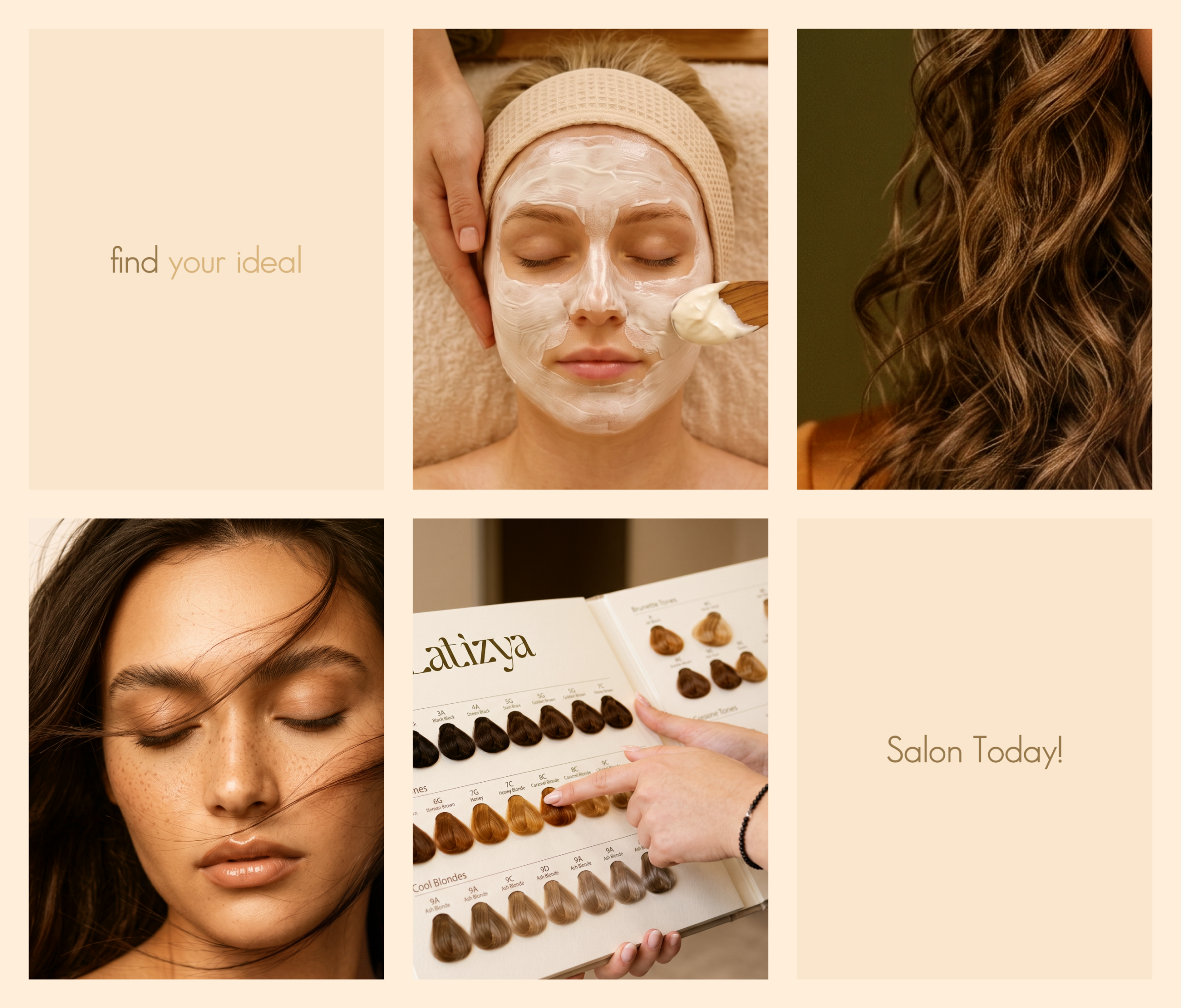Latizya beauty salon branding — facial and makeup treatment collage