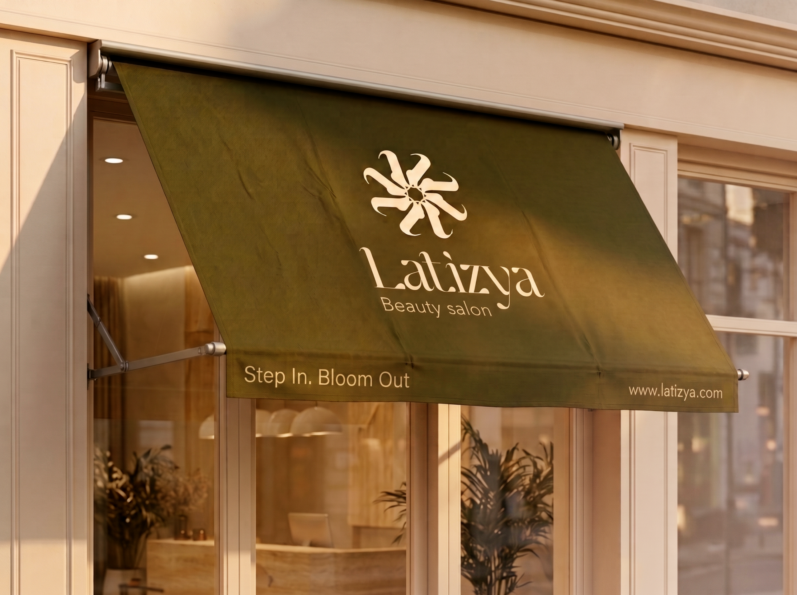 Latizya beauty salon branding — storefront awning signage