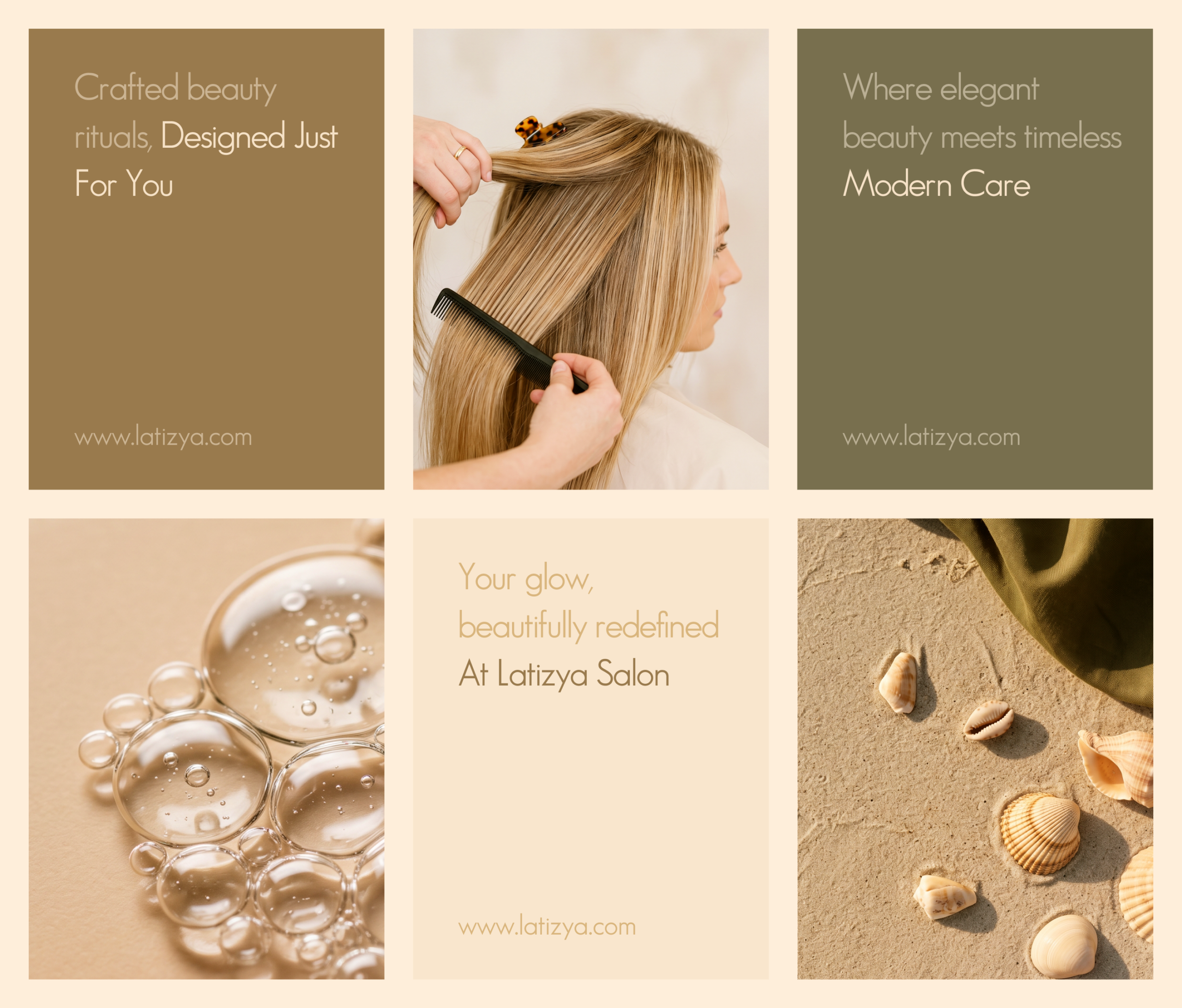 Latizya beauty salon branding — beauty and styling detail collage