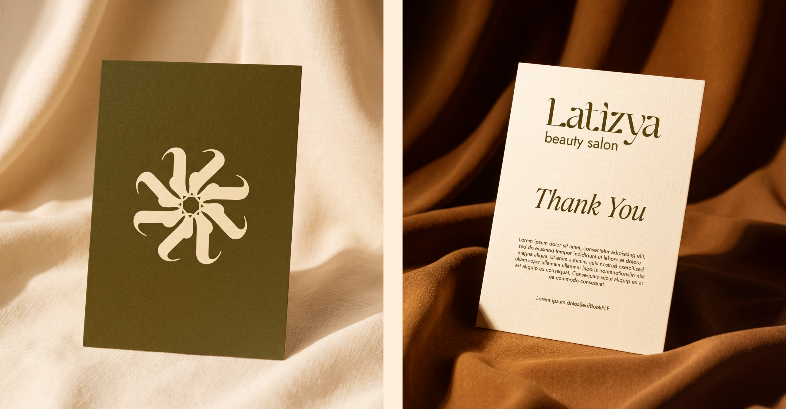 Latizya beauty salon branding — stationery and packaging mockup