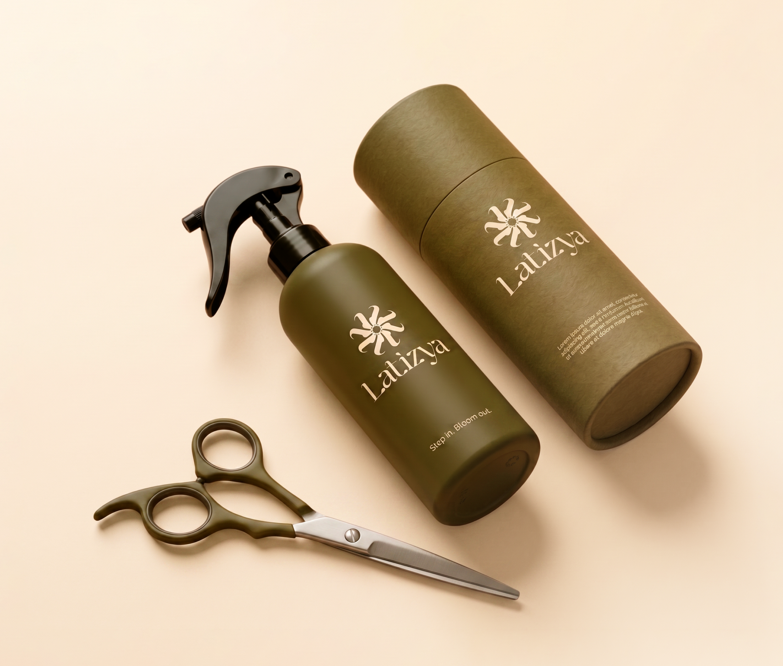Latizya beauty salon branding — hair styling tools and products