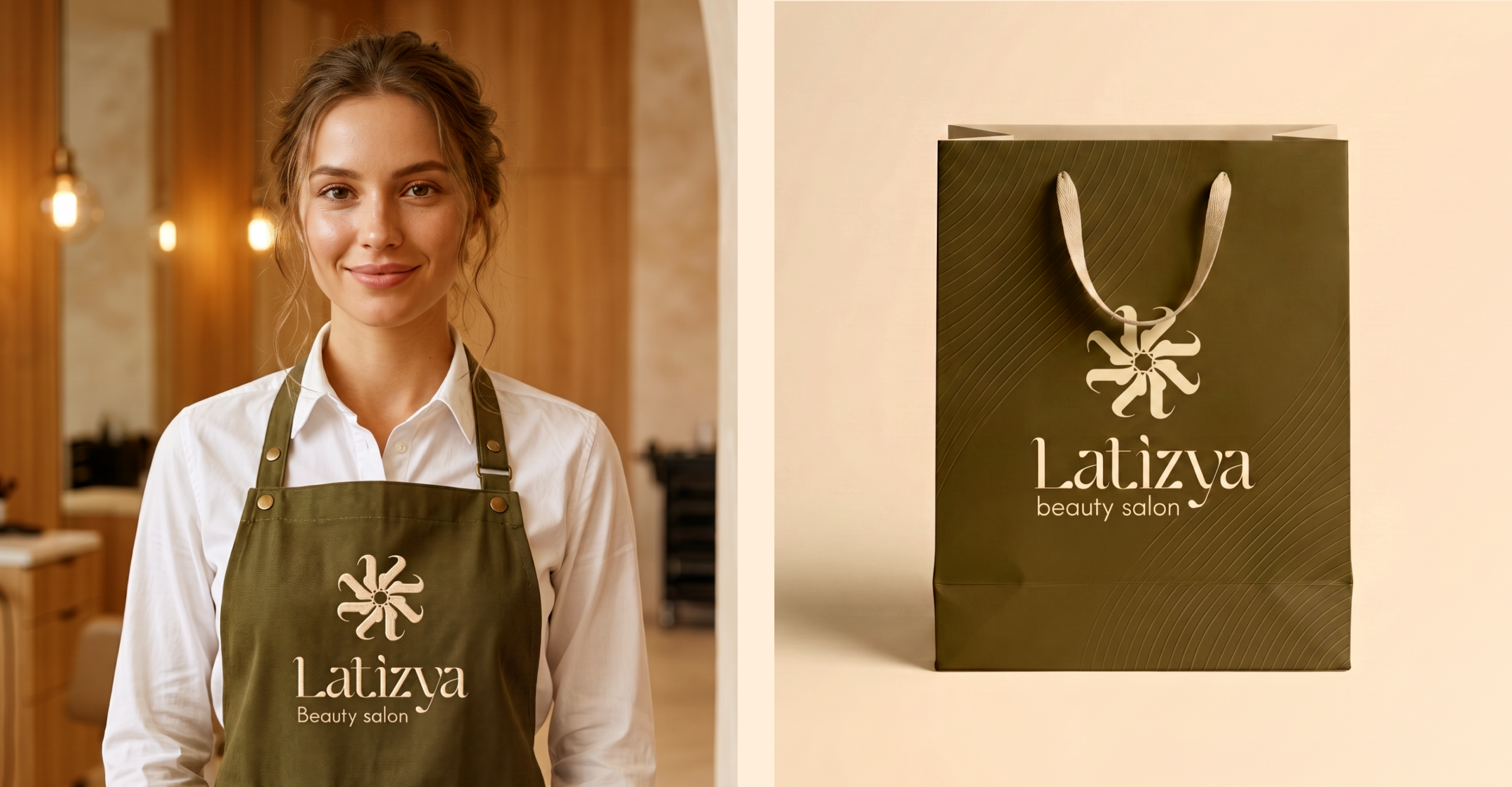Latizya beauty salon branding — staff apron and gift packaging
