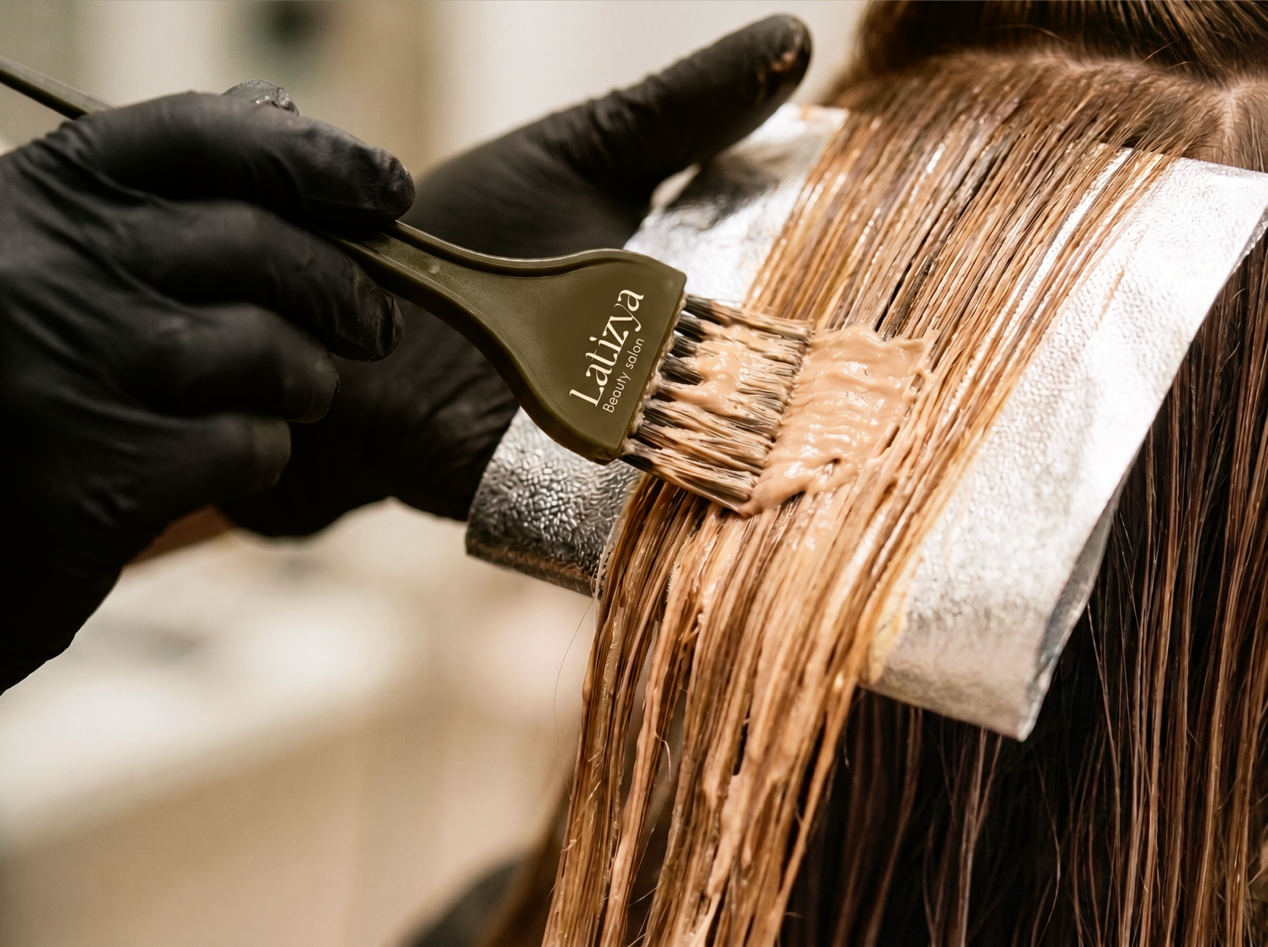 Latizya beauty salon branding — hair cutting service close-up