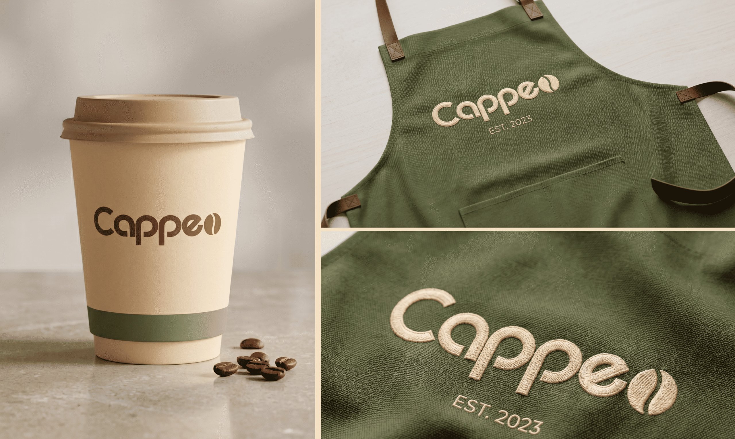 Cappeo branded coffee cup and staff apron design