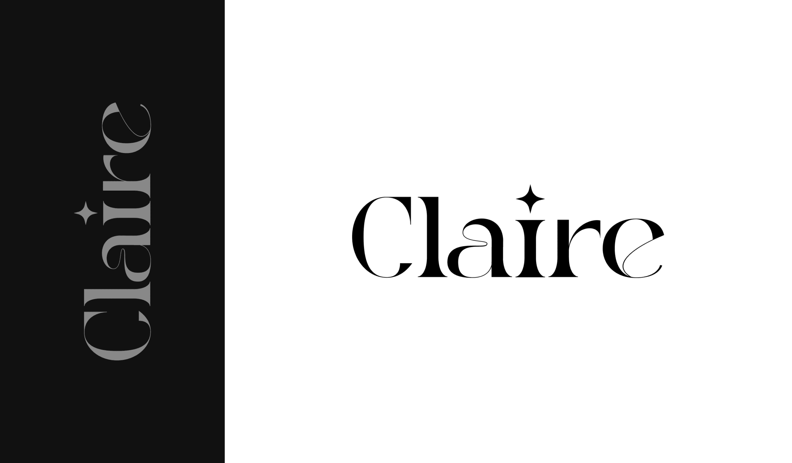 Claire wordmark logo design on black and white background