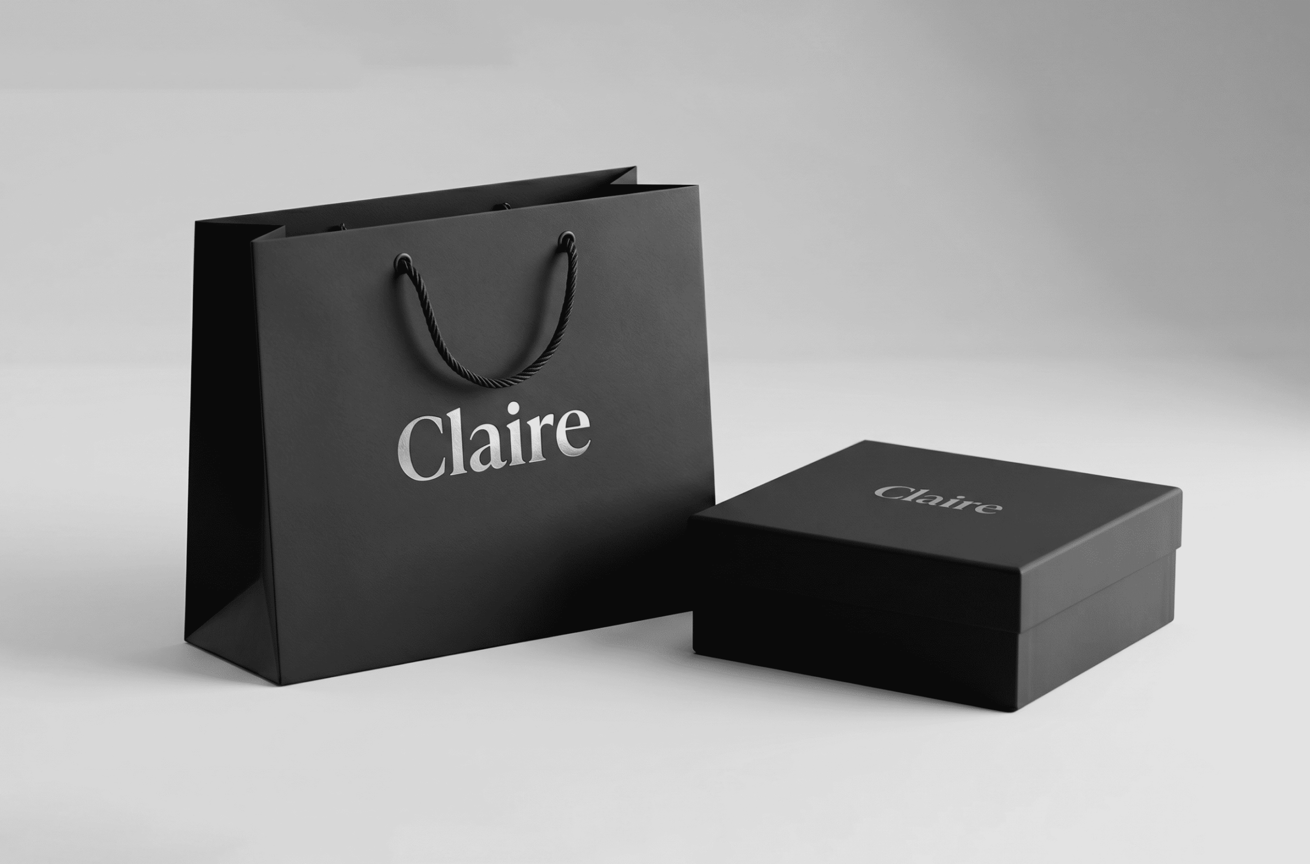 Claire luxury retail packaging — shopping bag and gift box