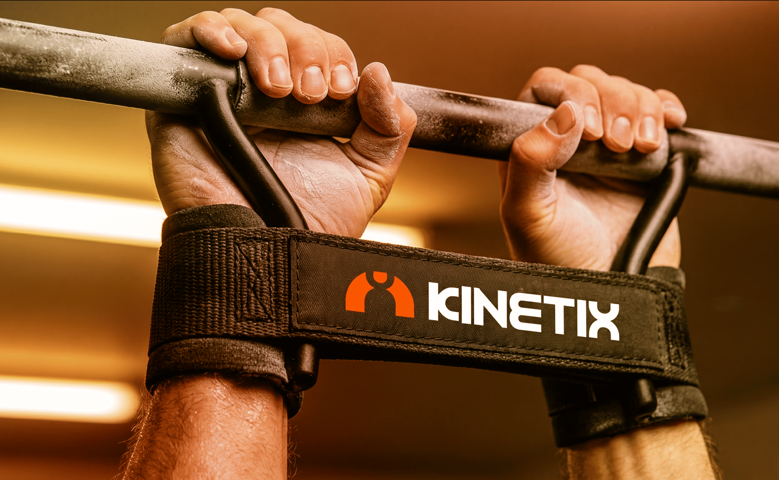 KINETIX branded gym accessories — lifting strap on bar