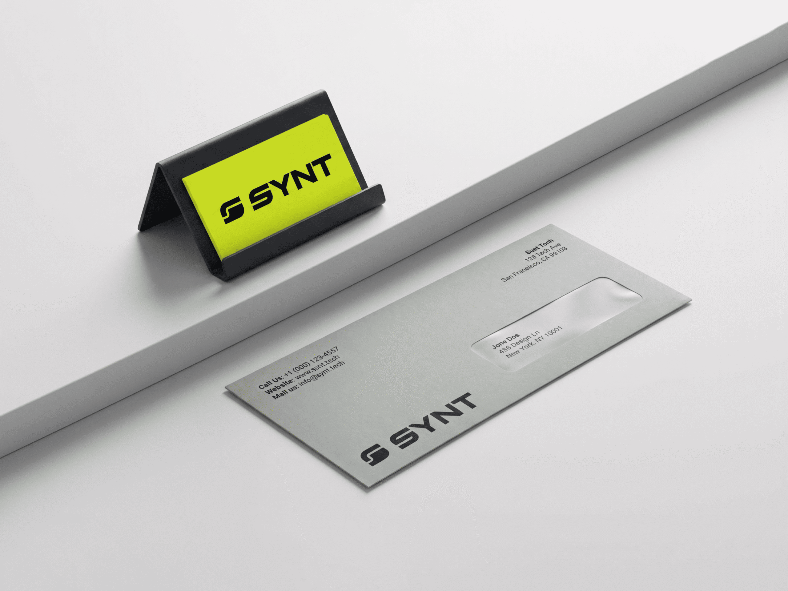 SYNT branded envelope and stationery mockup design
