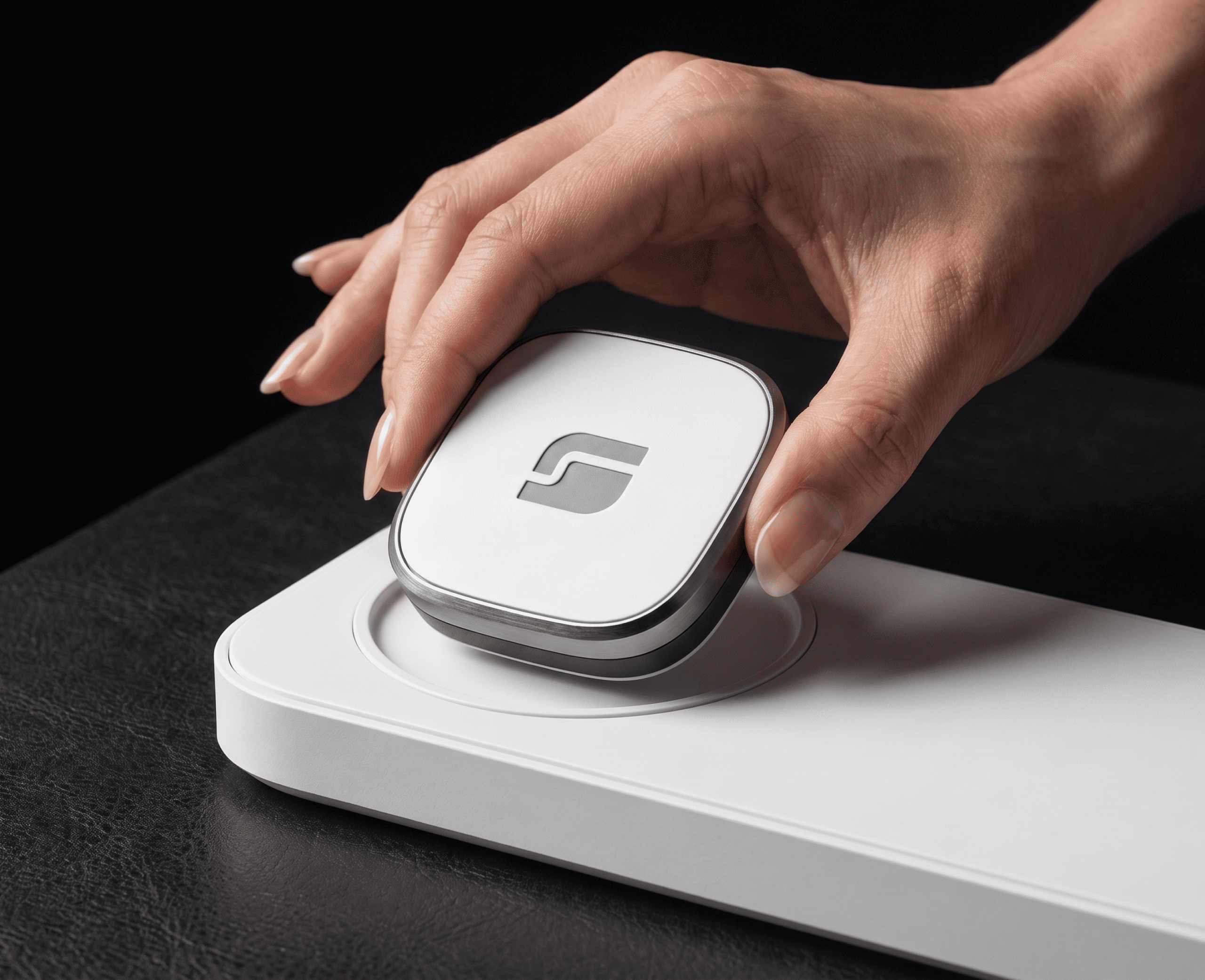 Hand placing SYNT branded device on white surface mockup