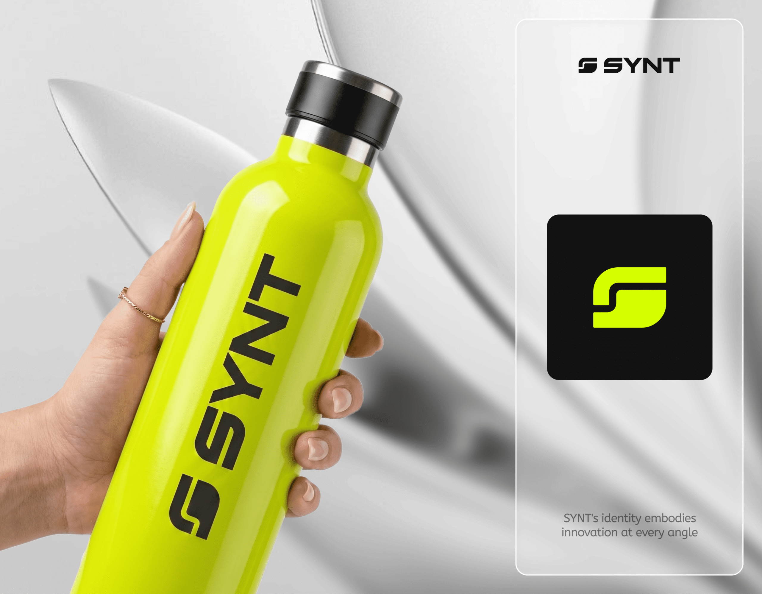 SYNT branded yellow water bottle with logo packaging